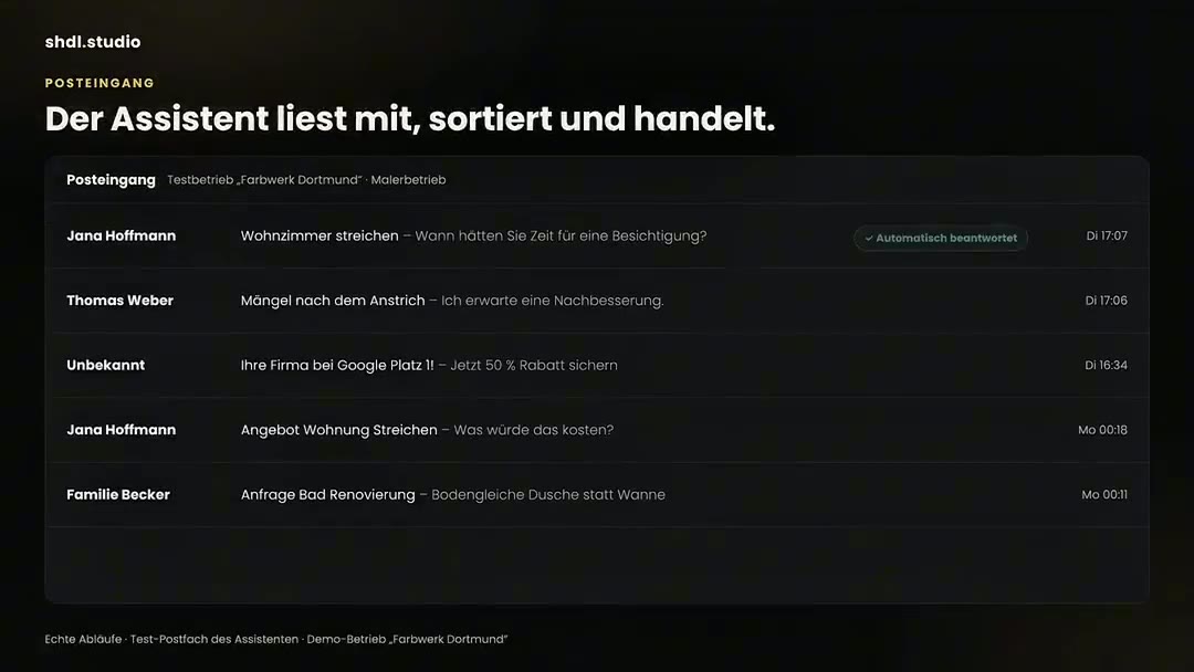 Demo des Anfrage-Assistenten: Posteingang mit automatisch beantworteter Anfrage