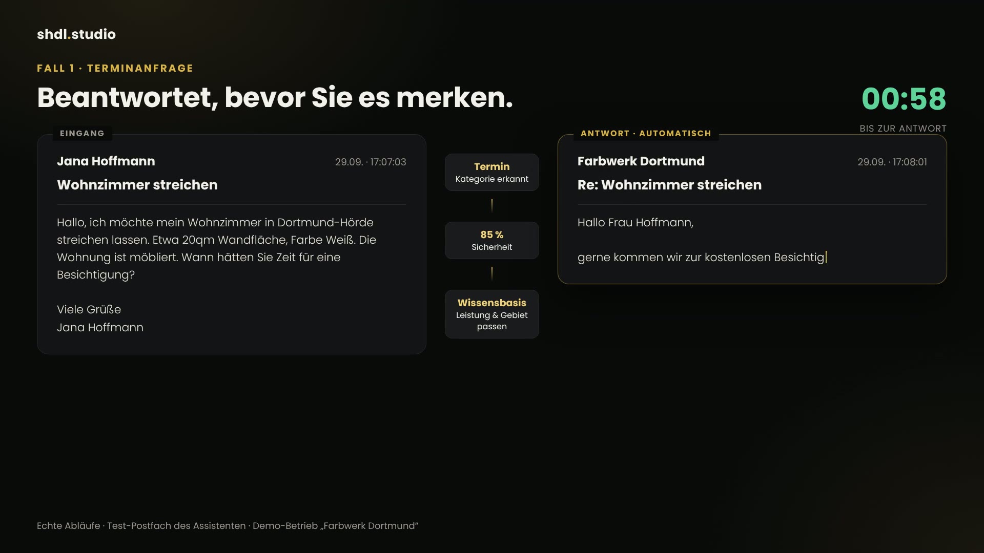 Demo des Anfrage-Assistenten: eingehende Anfrage und automatischer Antwortentwurf